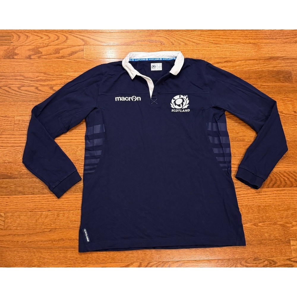 Macron Scotland Rugby Union Shirt Mens Medium Navy Long Sleeve Cotton Jersey